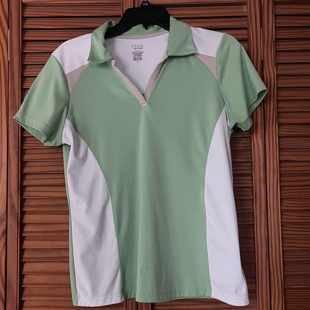 Izod Golf Classix‎ Cool FX V Neck Green & White Medium Short Sleeve Top